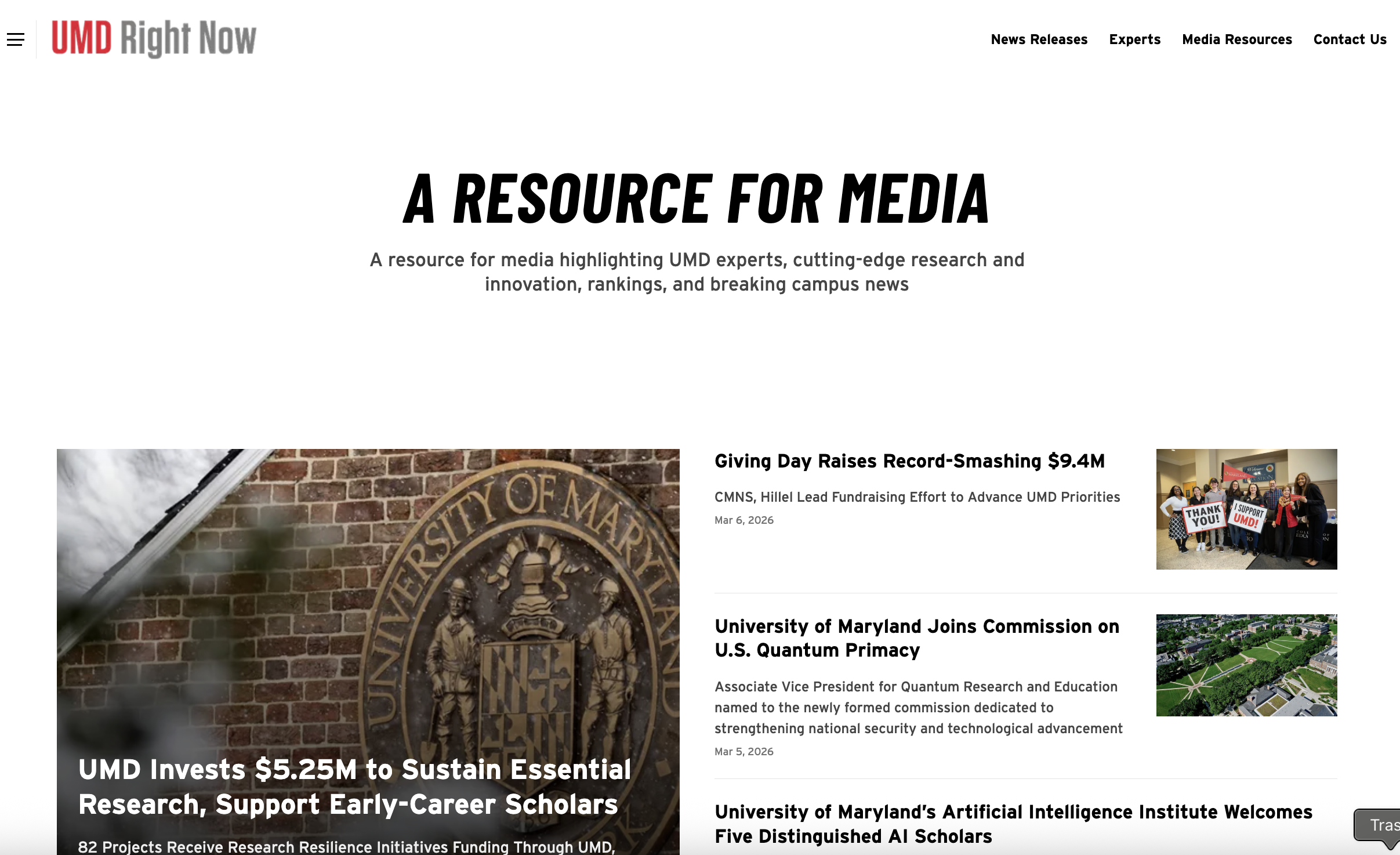 Screenshot of University of Maryland's UMD Right Now site