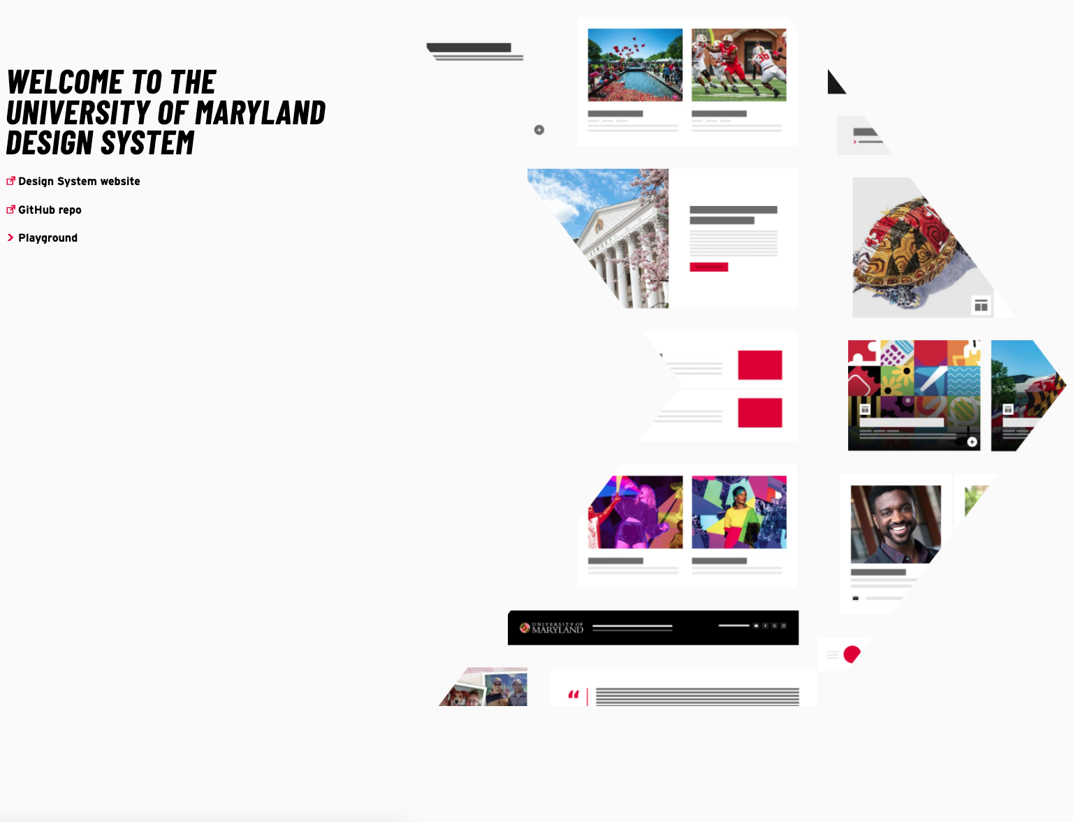 Screenshot of University of Maryland's Storybook project with the headline 'Welcome to the University of Maryland Design System'